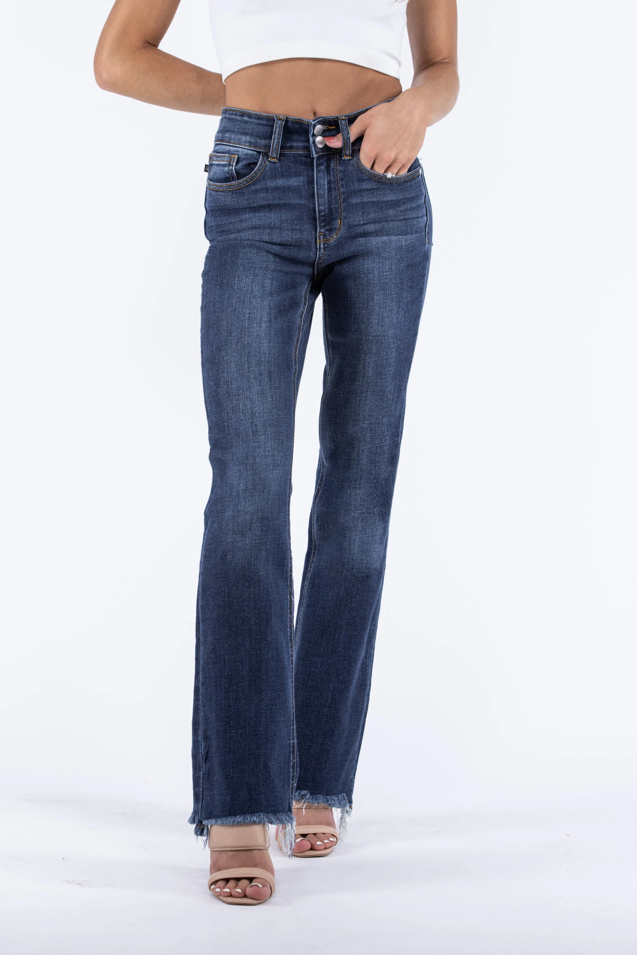 The Carter from Judy Blue: High-Rise Vintage Frayed Hem Bootcut Denim