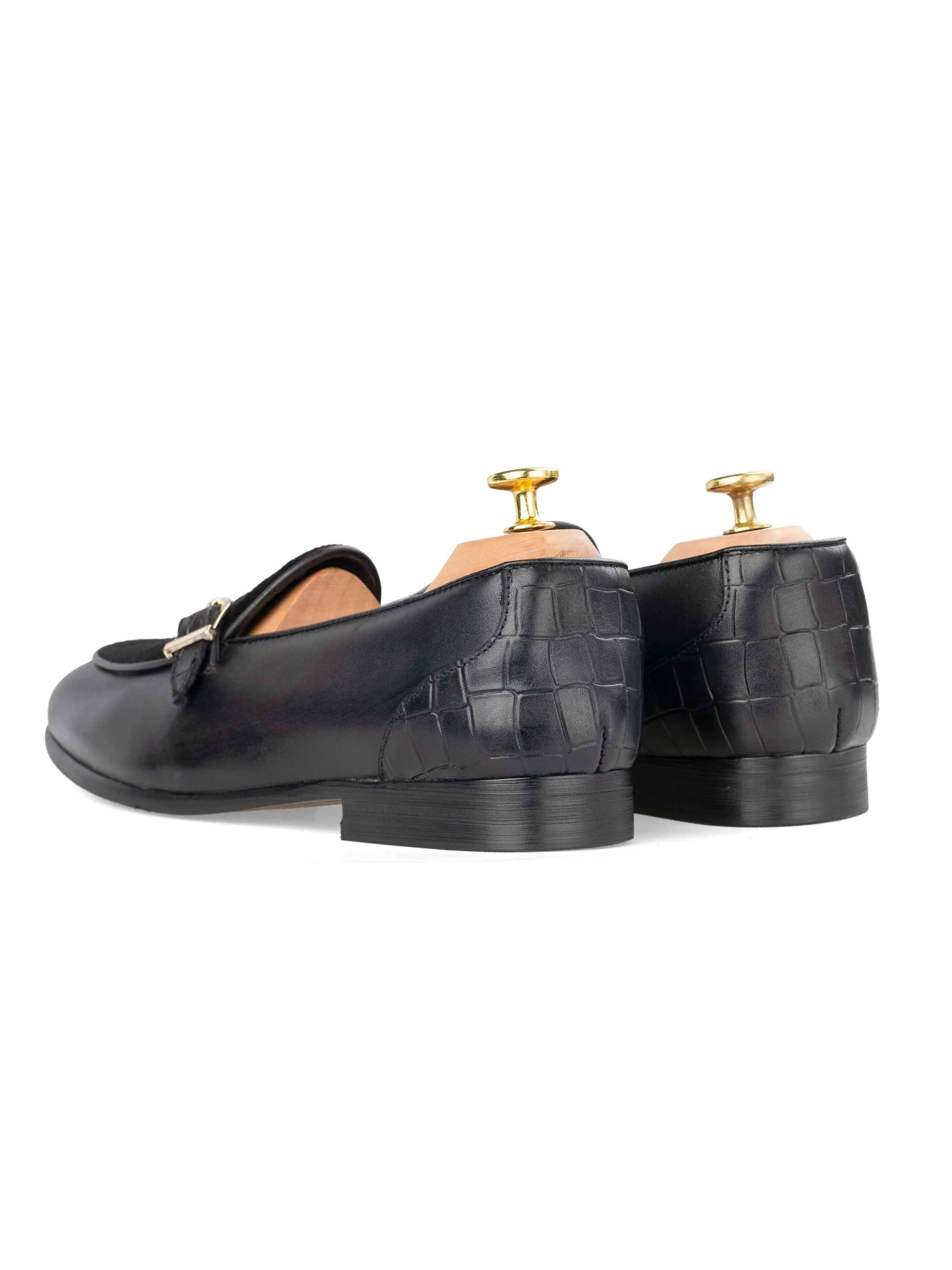 Theo Belgian Suede Loafer - Solid Black Single Strap Croco