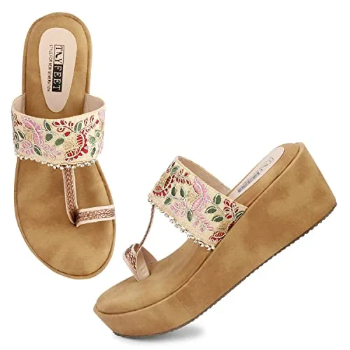 TRY FEET Women Fabric Wedges Beige