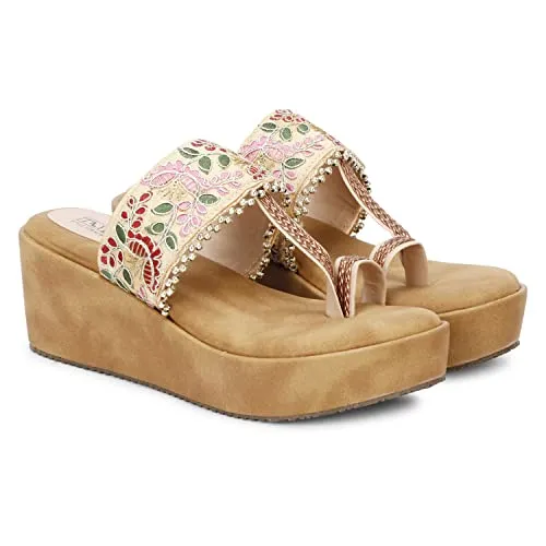 TRY FEET Women Fabric Wedges Beige