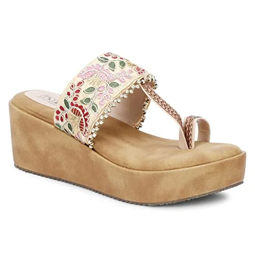 TRY FEET Women Fabric Wedges Beige