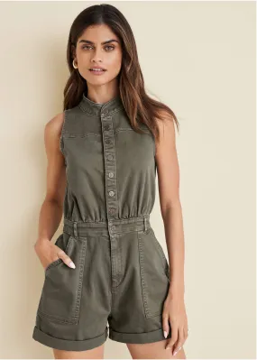 Twill Utility Romper - Olive