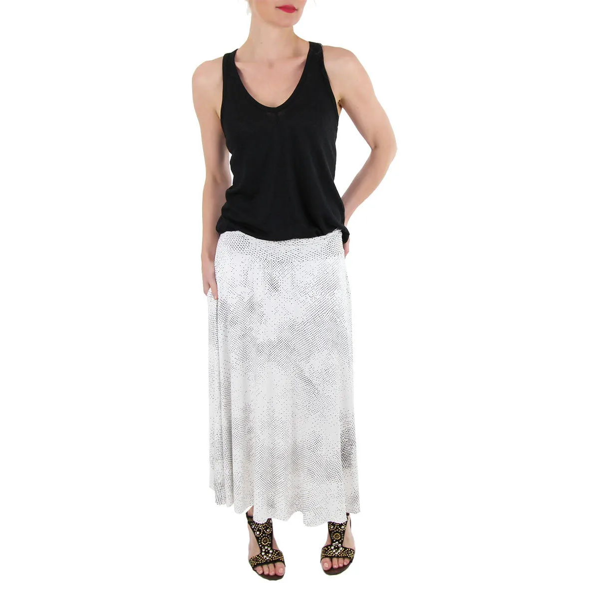 Ursula Elastic Waist Midi Skirt in Black Cosmic Print