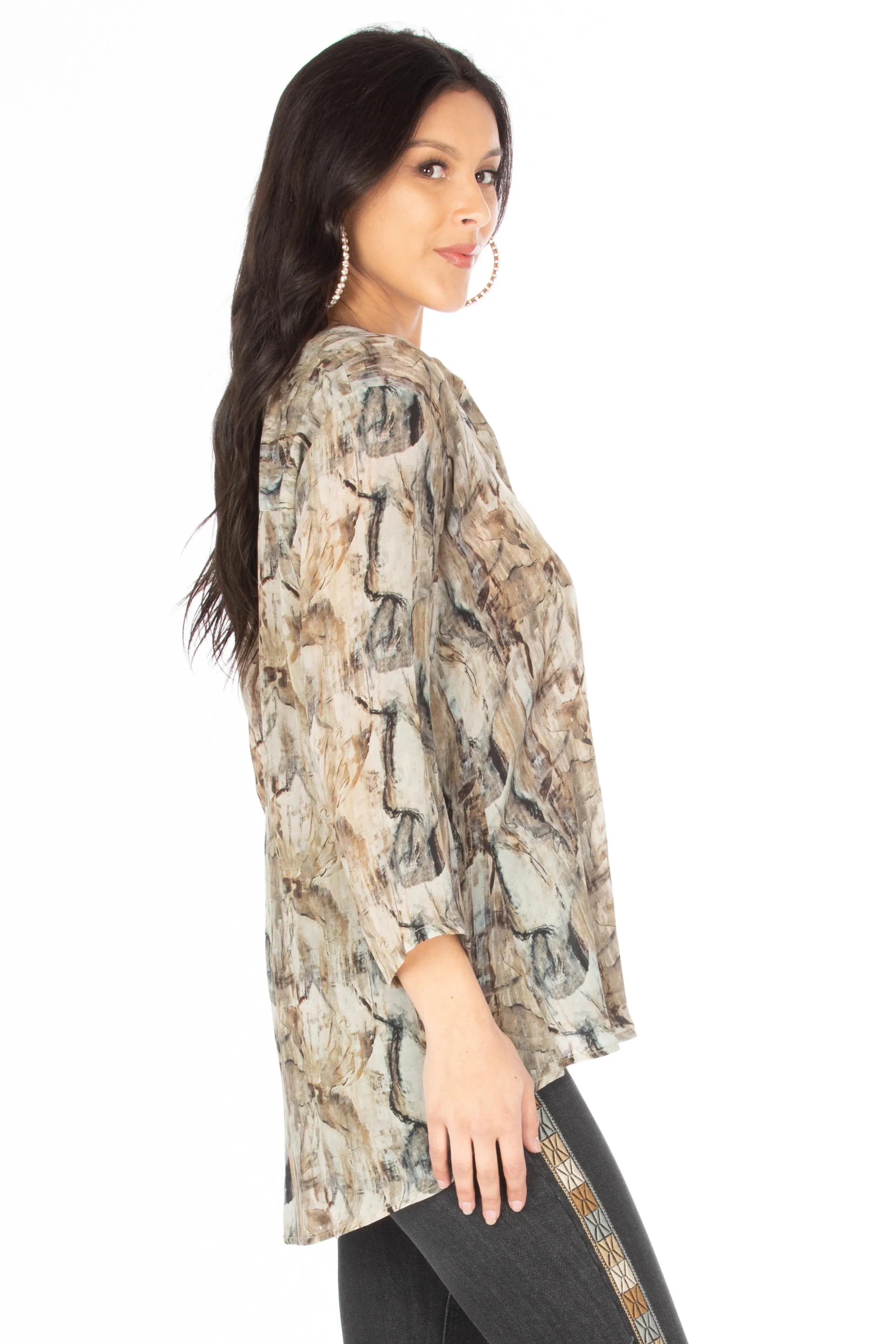 V-Neck Blouse w/Tassel - Olive Multi