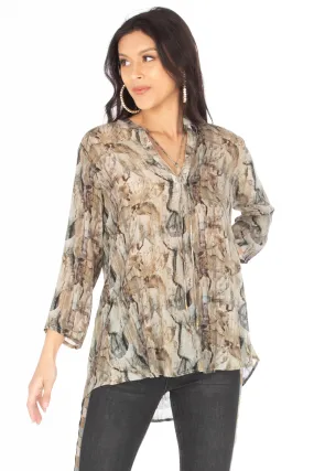 V-Neck Blouse w/Tassel - Olive Multi