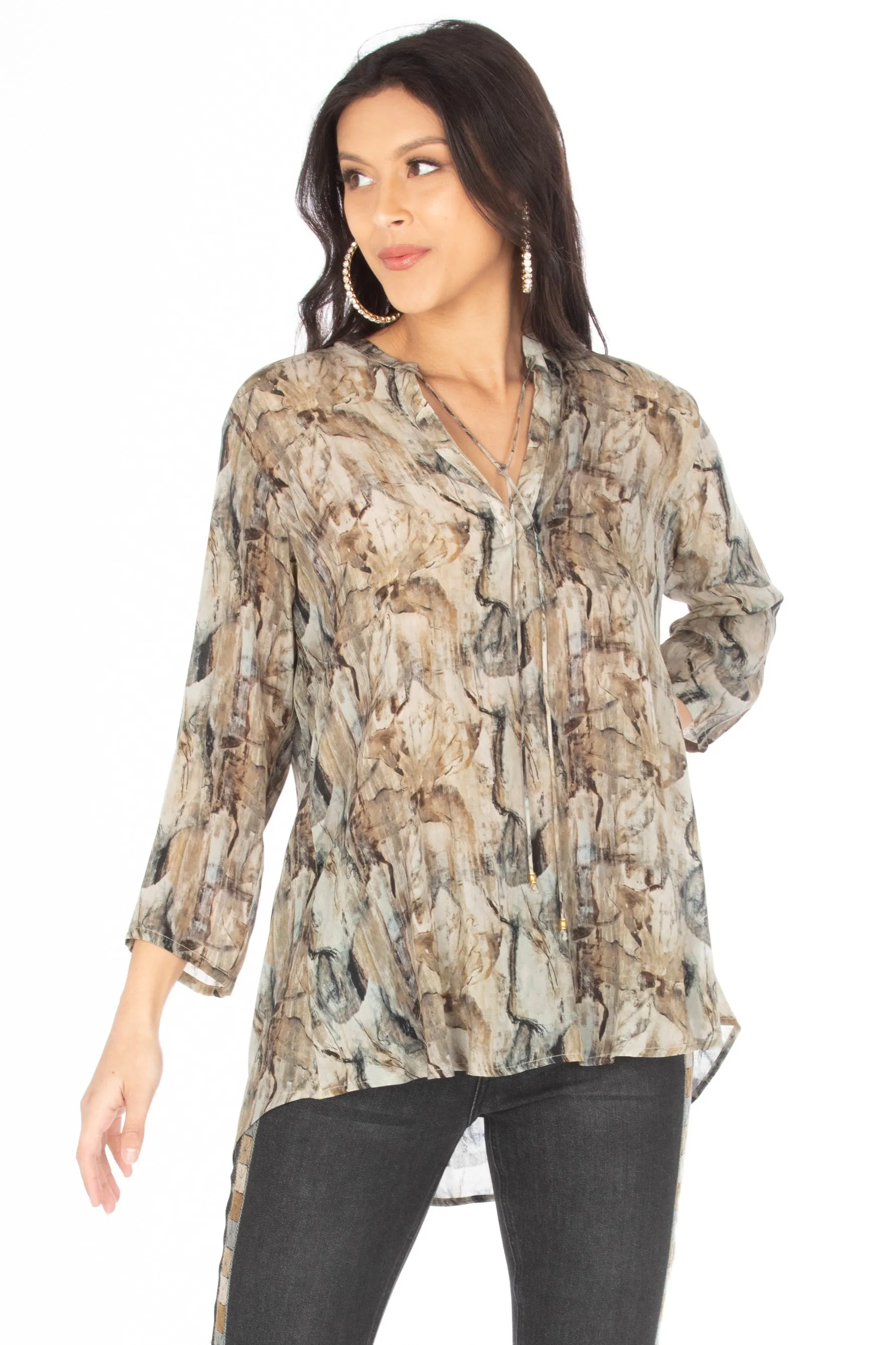 V-Neck Blouse w/Tassel - Olive Multi