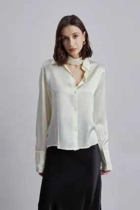 V-Neck Scarf Collar Silk Blouse Top