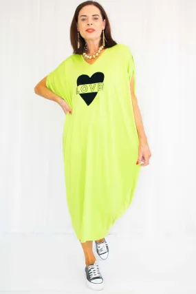 Vibrant LOVE Decal Cocoon Dress in Bright Apple