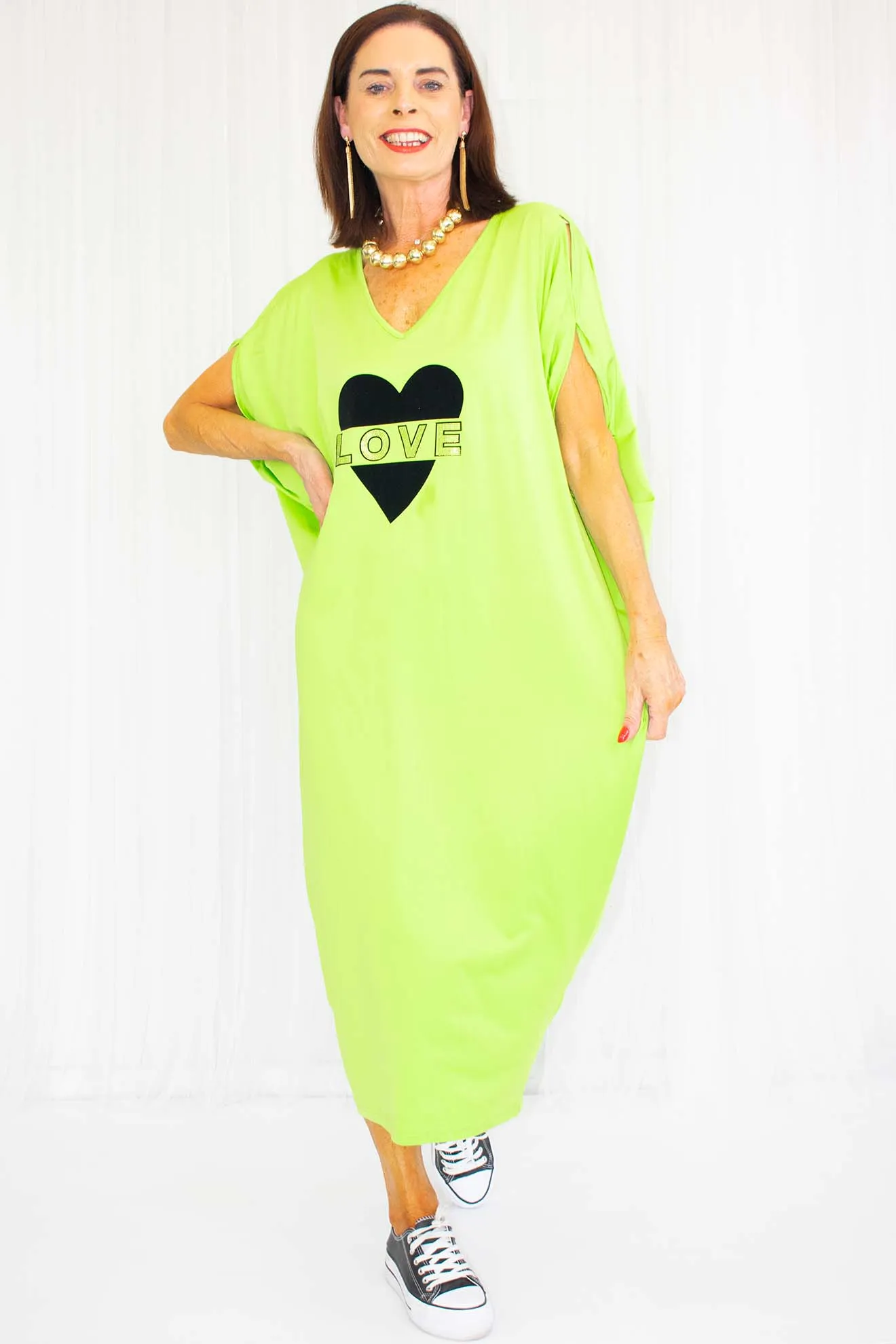 Vibrant LOVE Decal Cocoon Dress in Bright Apple