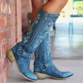 Western Cowboy Boots For Women Pointed Toe Women's Shoes Brand Embossing Suede Leather Shoes Mid-Calf Chunky Wedges Boot Zipper