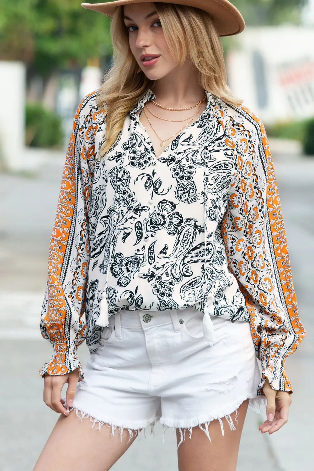 White Boho Floral Print Fringe Tie Peasant Blouse