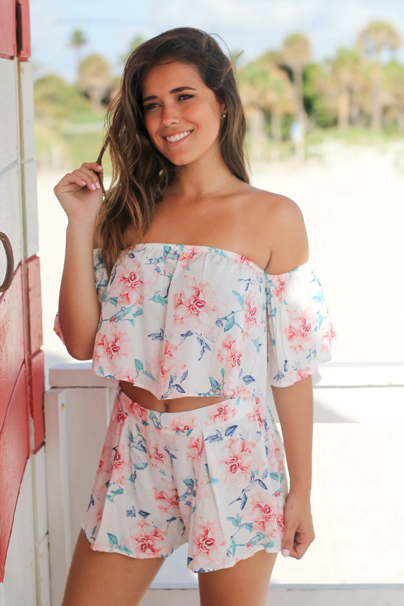 White Floral Off Shoulder Set