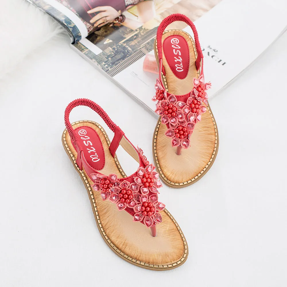 Women flower rhinestone bohemian beach elastic slip on flat sandals