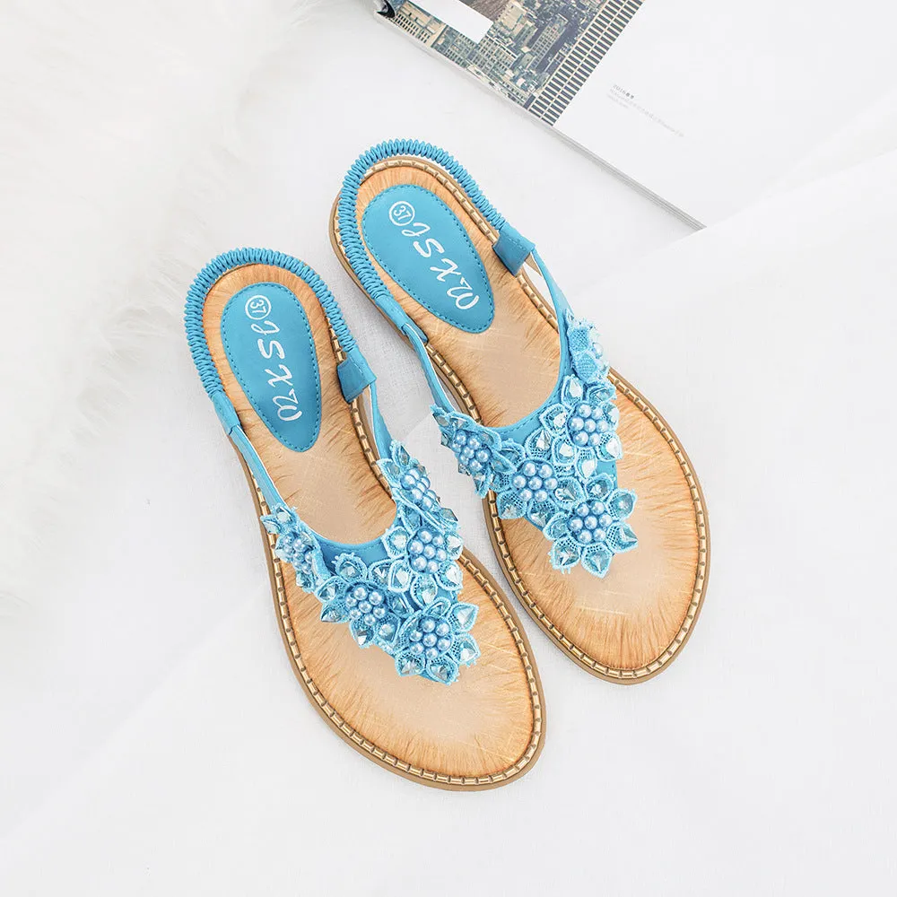 Women flower rhinestone bohemian beach elastic slip on flat sandals