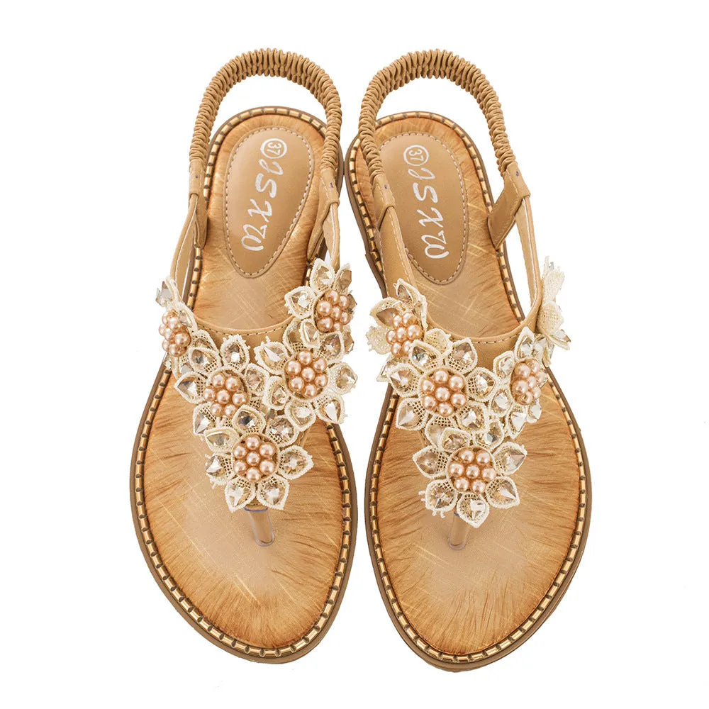 Women flower rhinestone bohemian beach elastic slip on flat sandals