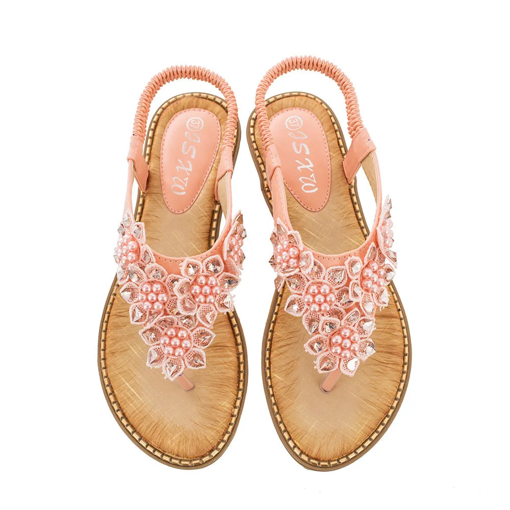 Women flower rhinestone bohemian beach elastic slip on flat sandals