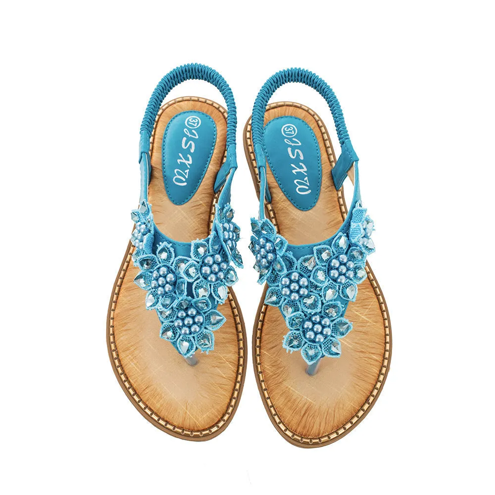 Women flower rhinestone bohemian beach elastic slip on flat sandals