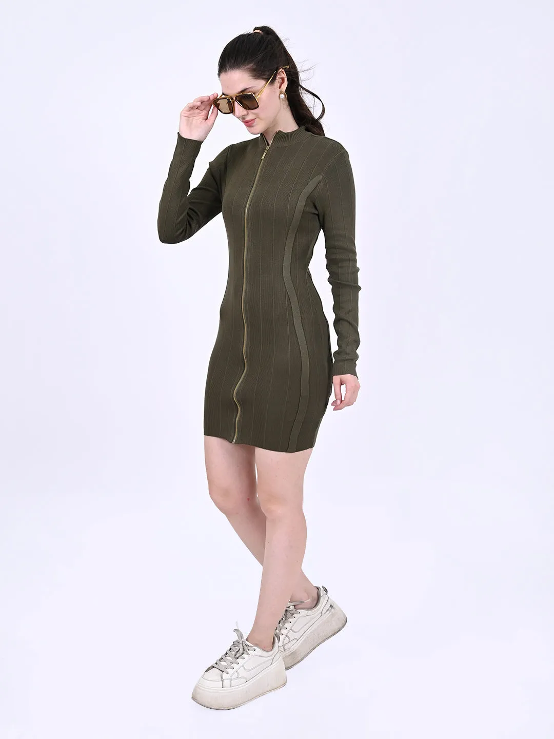 Women Green Front Zip Bodycon Dress