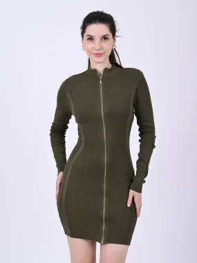 Women Green Front Zip Bodycon Dress