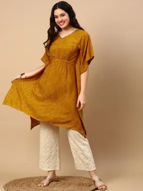 Women Mustard Graphic Kaftan Kurta