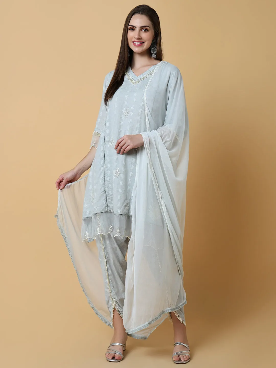 Women Solid Grey A-Line Kurta Set with Dupatta