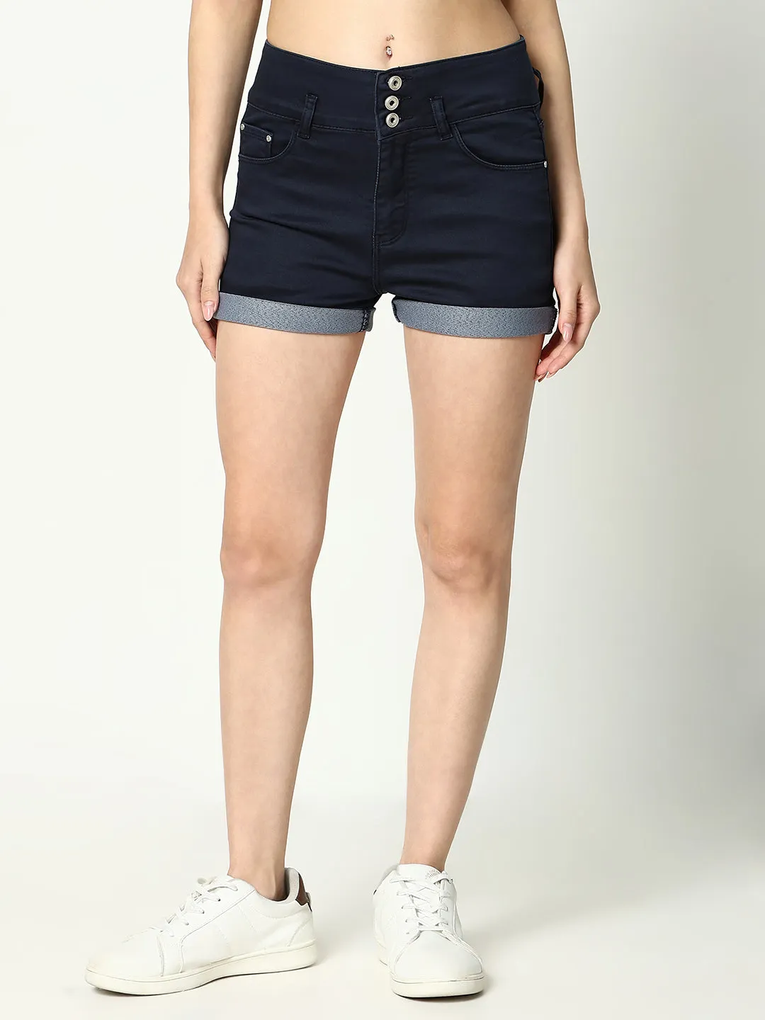 Women Solid Navy Blue Shorts