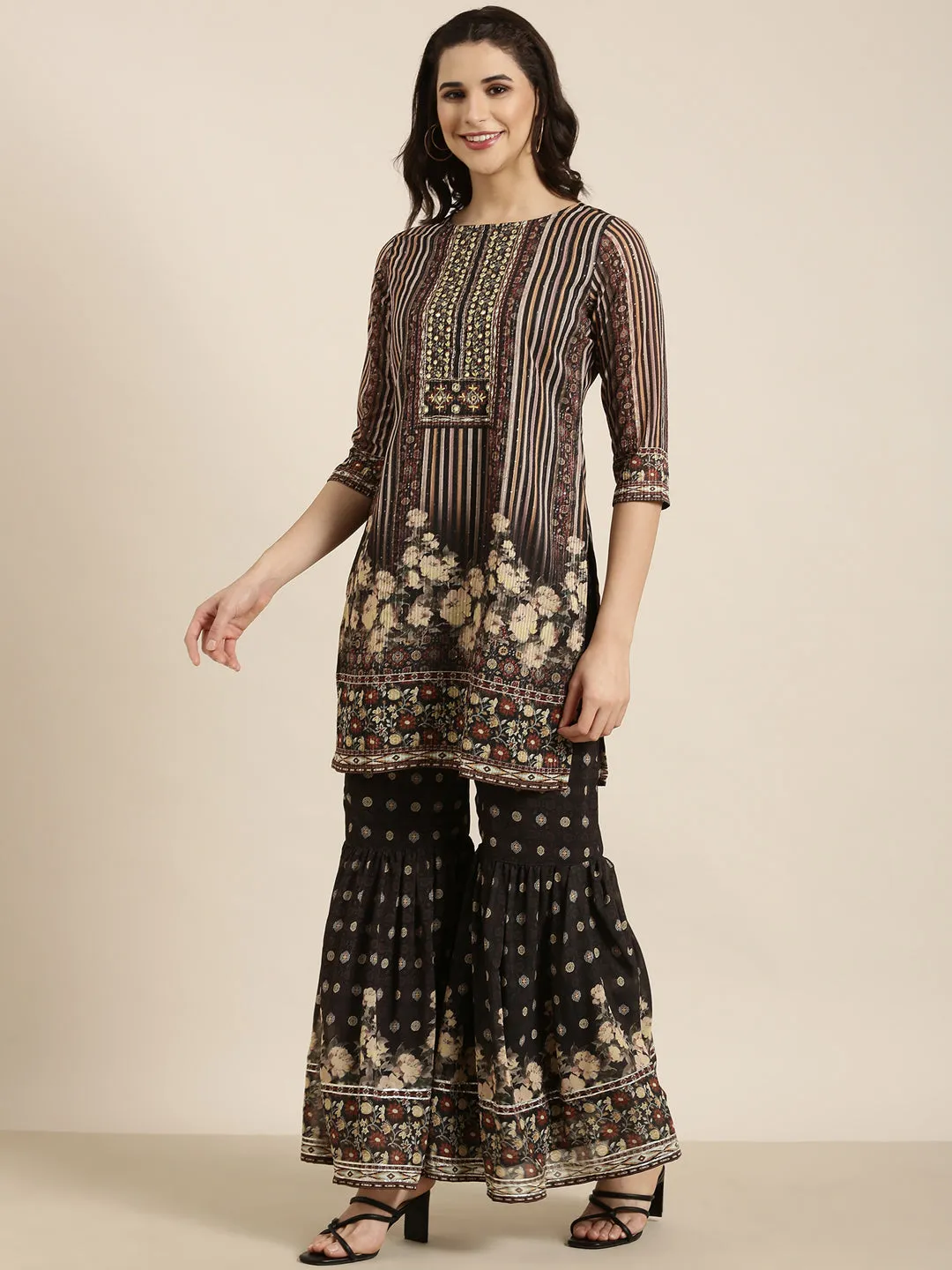 Women Straight Olive Floral Kurti and Sharara Set Comes With Dupatta