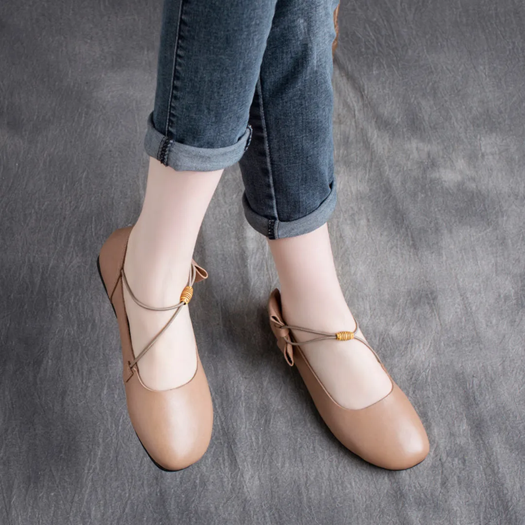 Women Strap Leather Flats With Bowknot