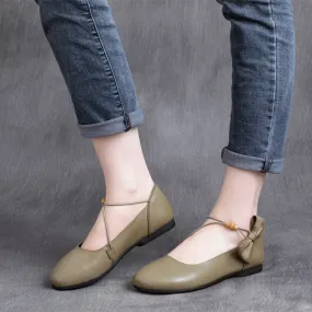 Women Strap Leather Flats With Bowknot