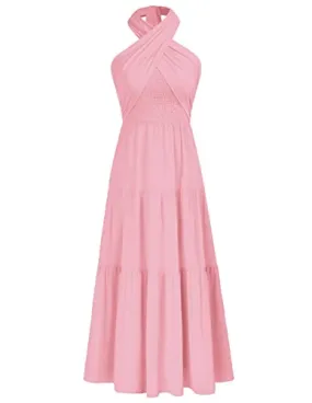 Women's 2023 Summer Dresses Boho Halter Sleeveless A Line Beach Sun Dress Pink S