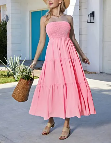 Women's 2023 Summer Dresses Boho Halter Sleeveless A Line Beach Sun Dress Pink S