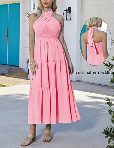 Women's 2023 Summer Dresses Boho Halter Sleeveless A Line Beach Sun Dress Pink S