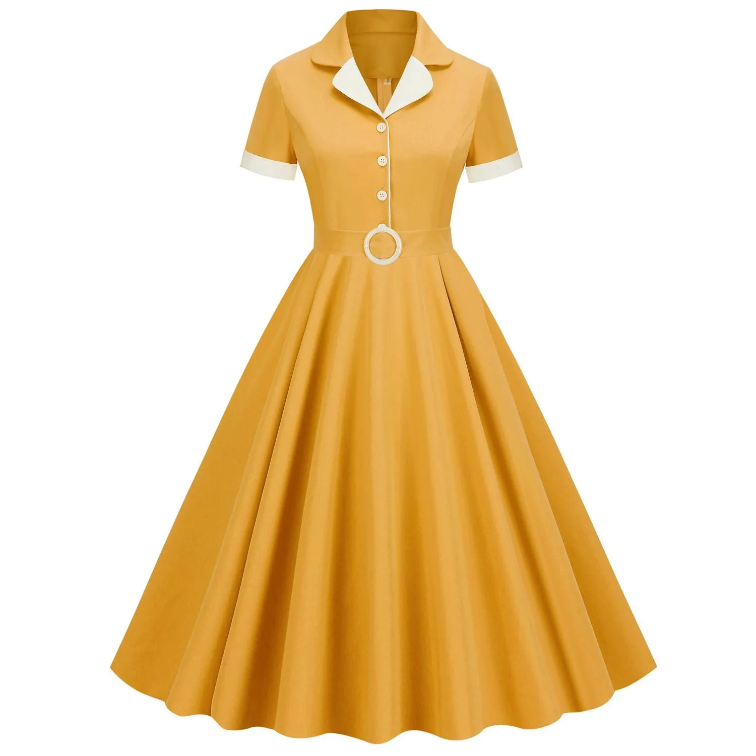 Womens Button Up 1950s Vintage Dresses Women Short Sleeve Belted Summer Swing Dress