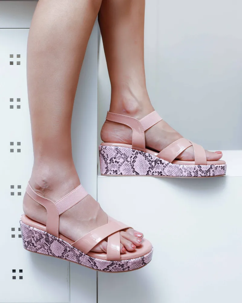 Women's Casual Peach Multi-strap Snake print Wedges