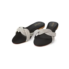 Women's Flat Sandals with Silver Rhinestone Straps Buckle